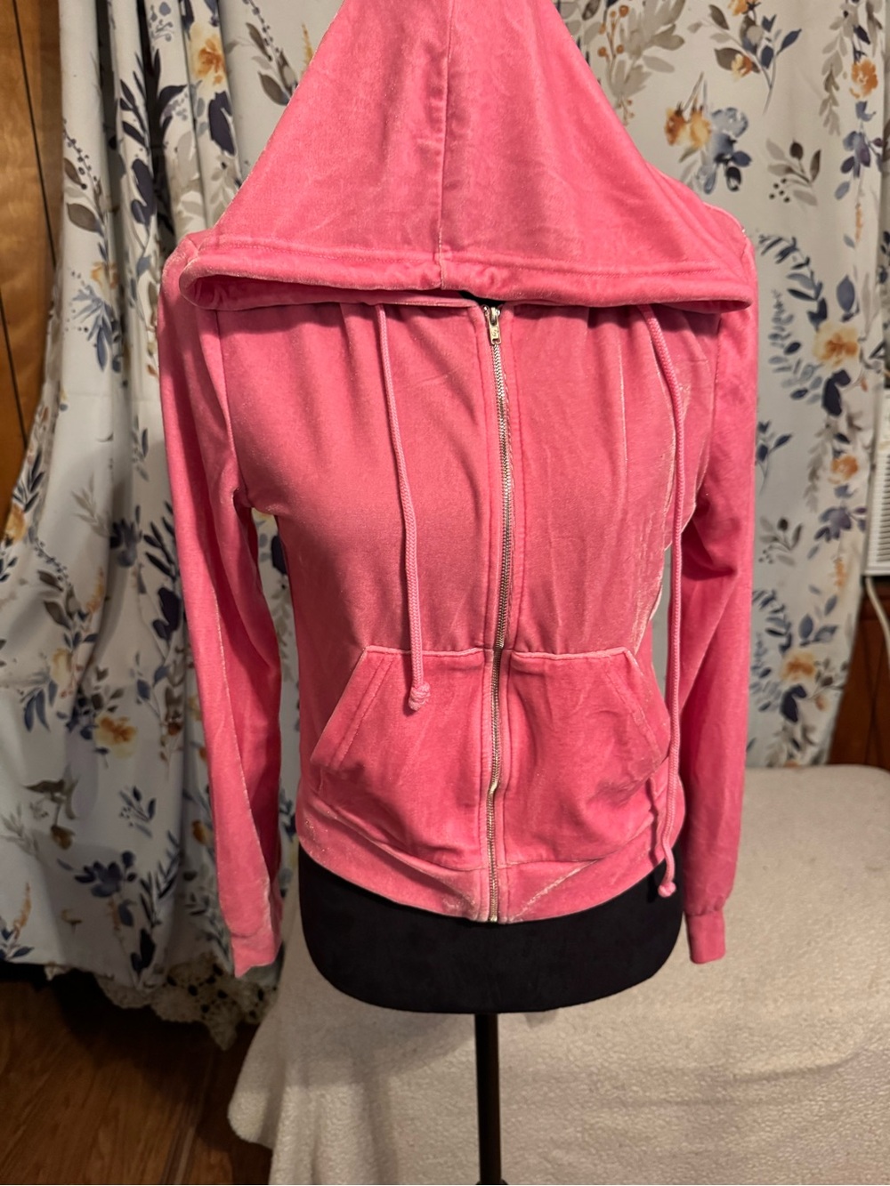SHEIN Pink Velour Zip Front Hoodie Bomber Jacket B 1
